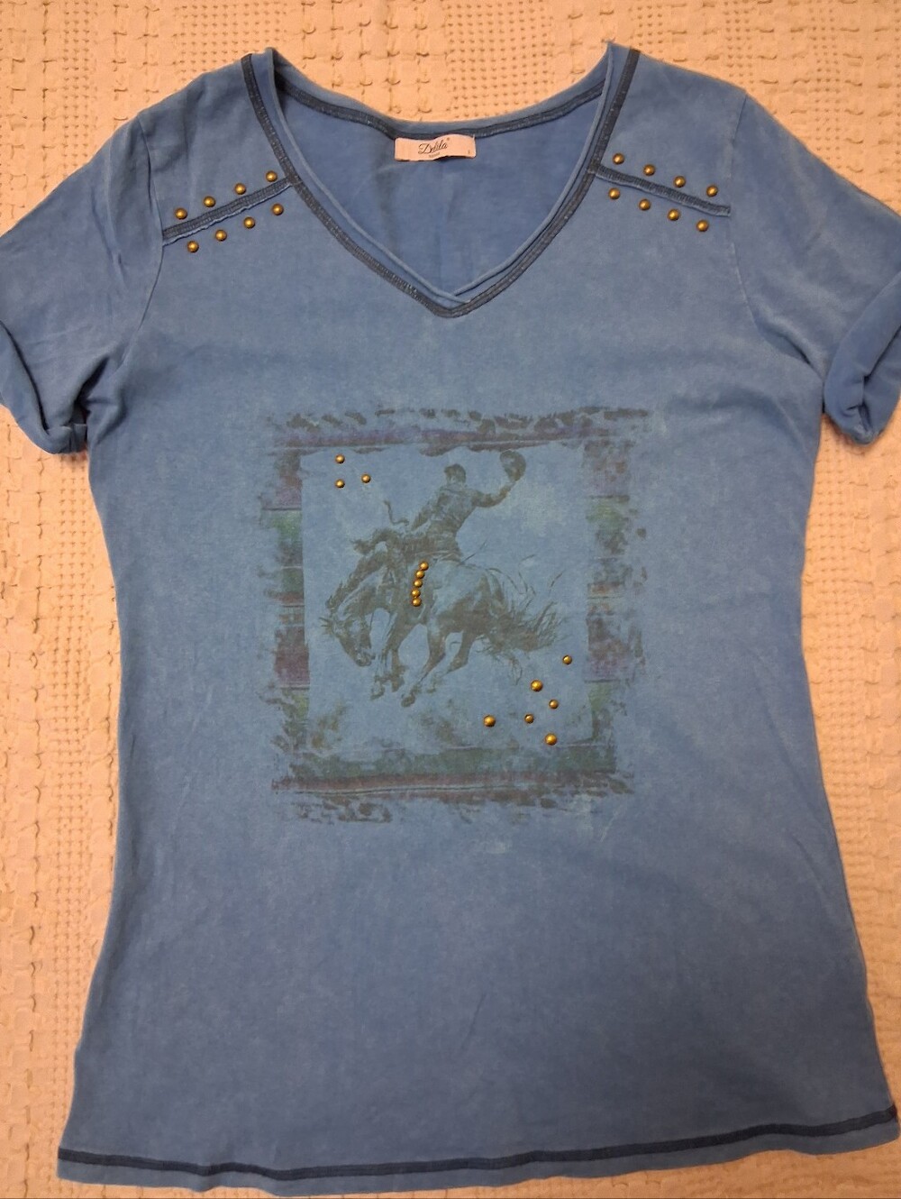 Delila Blue V-Neck Studded Rodeo Graphic Tee